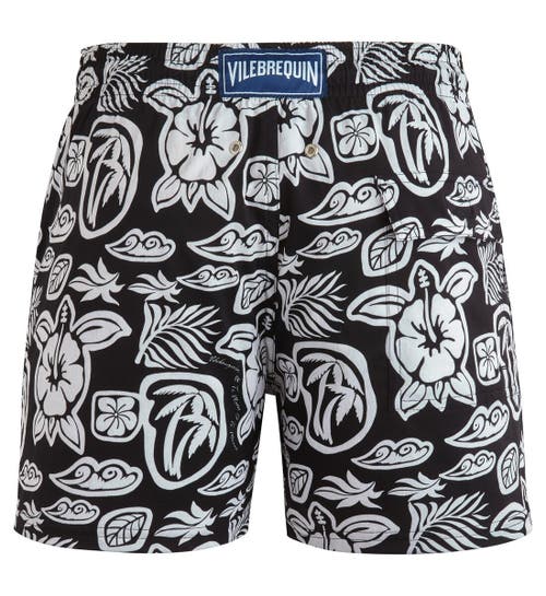 Vilebrequin Stretch Polyester Swimming Shorts With Tahiti Turtles Pattern In Noir