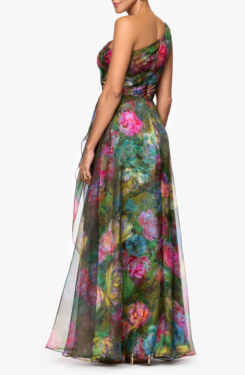 Xscape Evenings One-Shoulder Floral Organza Gown, Alternate, color, Green/ Multi