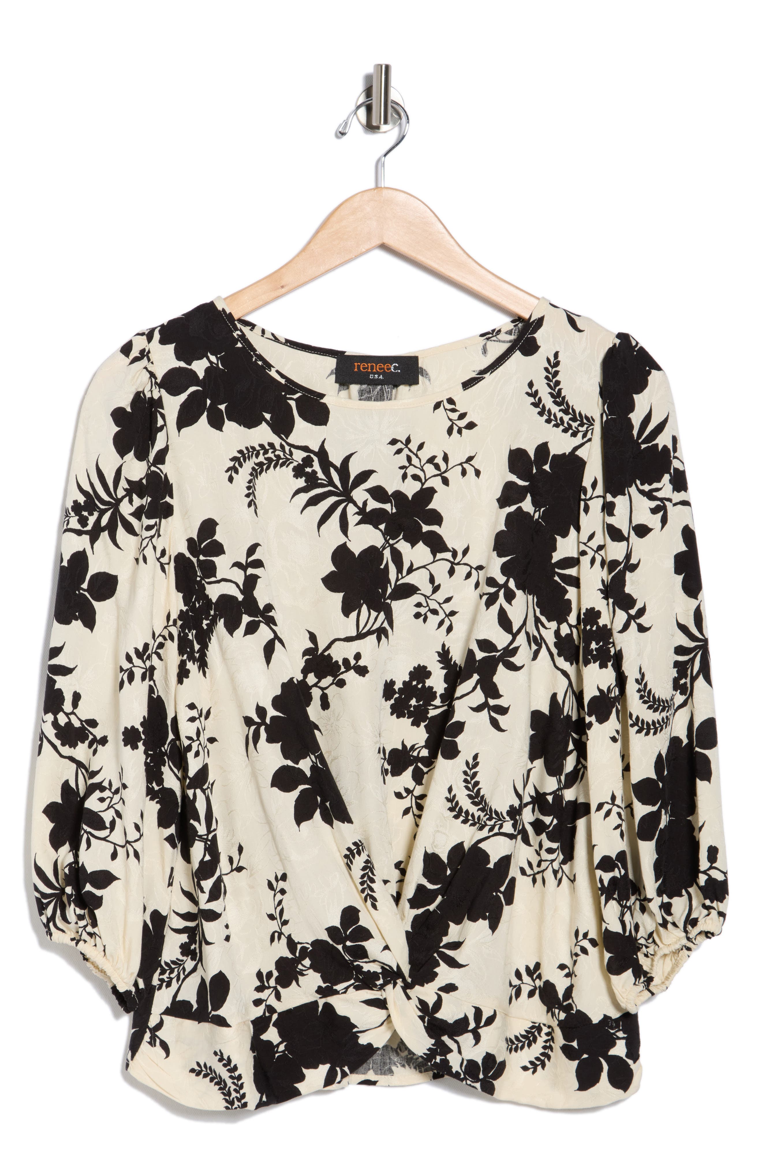 Renee C Floral Balloon Sleeve Twist Front Top (Women) | Nordstromrack