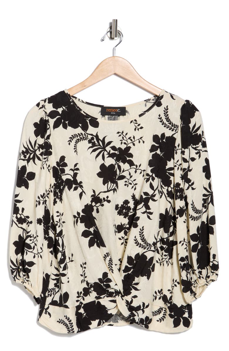 Renee C Floral Balloon Sleeve Twist Front Top, Alternate, color, Ivory
