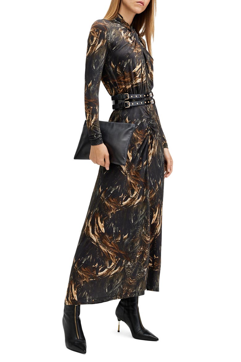 Mina Printed Long Sleeve Slim Fit Maxi Dress, Alternate, color, CHARM BLACK