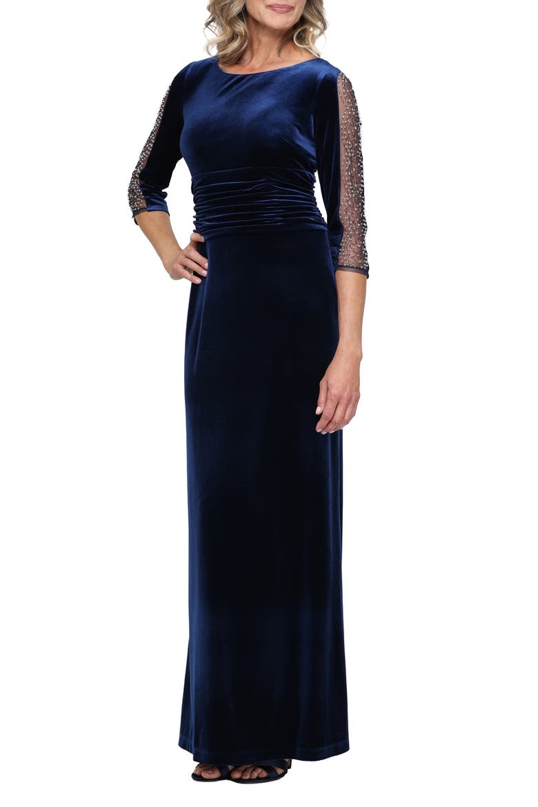 Embellished Sleeve Stretch Velvet Maxi Cocktail Dress, Main, color, IMPERIAL