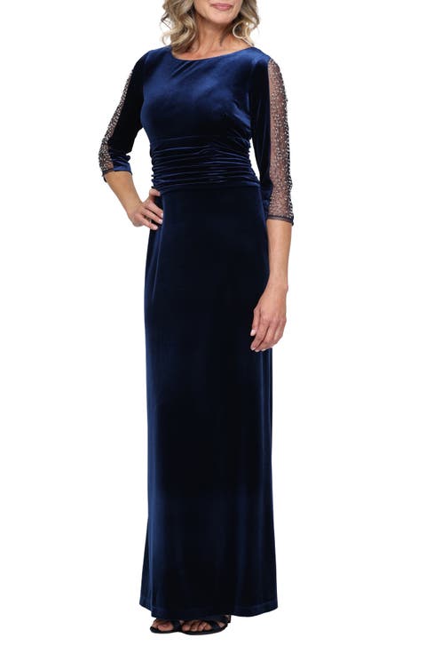 Embellished Sleeve Stretch Velvet Maxi Cocktail Dress
