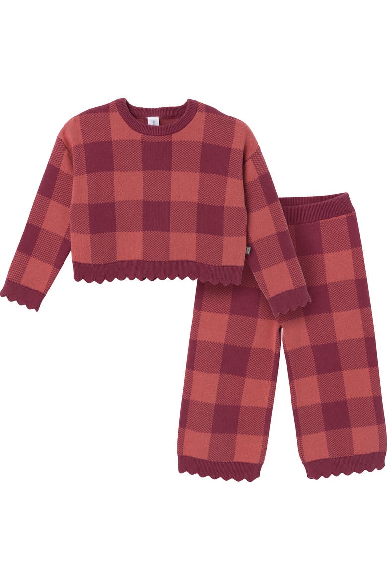 Scalloped Sweater & Pant Set, Main, color, Dark Rose Check
