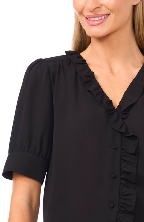Cece Ruffle Detail Short Sleeve Georgette Button-up Shirt In Black