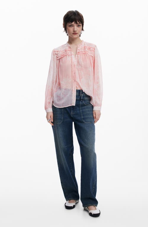 Desigual Ruffle Metallic Tie Neck Top In Pink