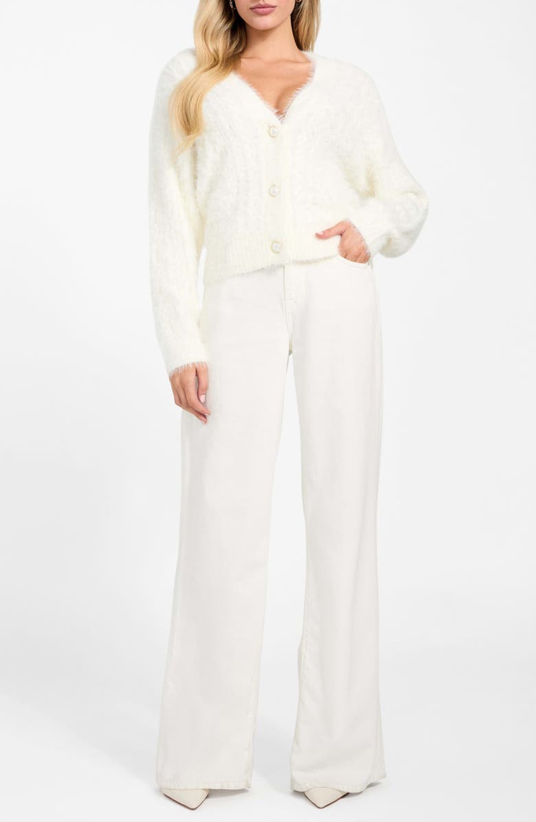 GUESS Kinako Pearly Button Fuzzy Cardigan, Alternate, color, White