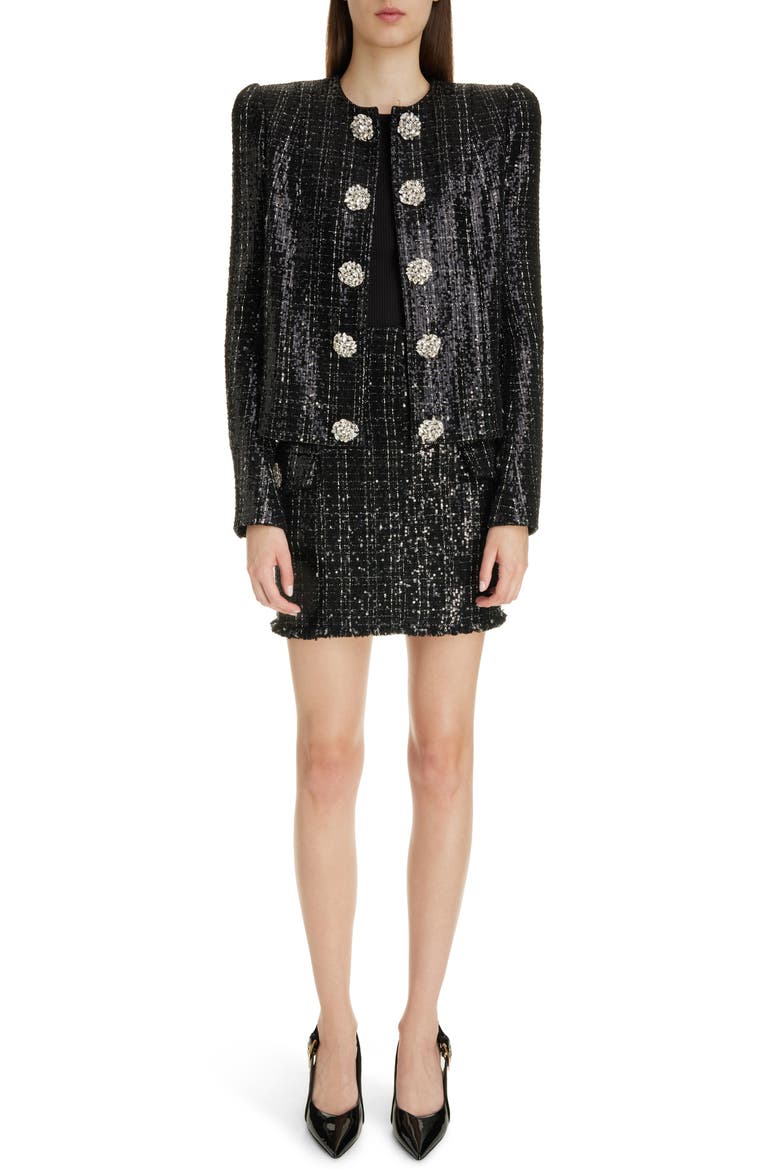 Sequin Tweed Miniskirt, Alternate, color, 0PA BLACK