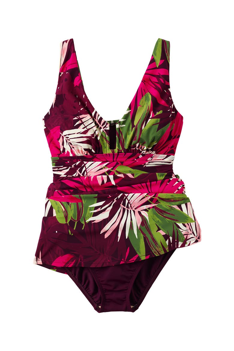 Slender Suit Shine U-Wire Swim Dress Swimsuit, Alternate, color, Dark Wine Multi Tropical Palm