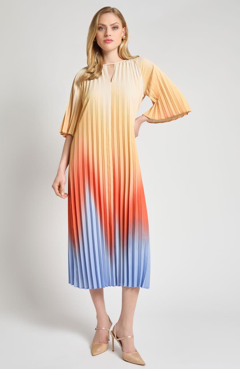 Misook Pleated Ombré Crêpe de Chine Dress, Alternate, color, Arctic
