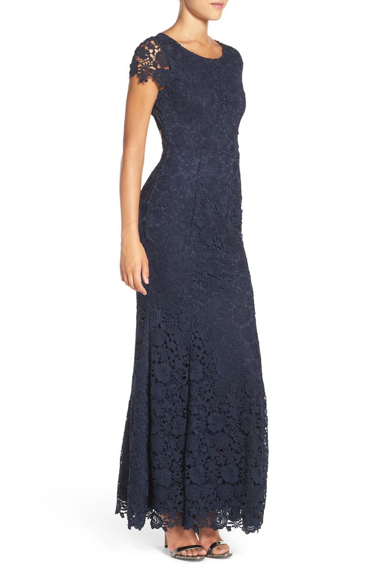 Lulu's Open Back Cap Sleeve Lace Mermaid Gown, Alternate, color, NAVY