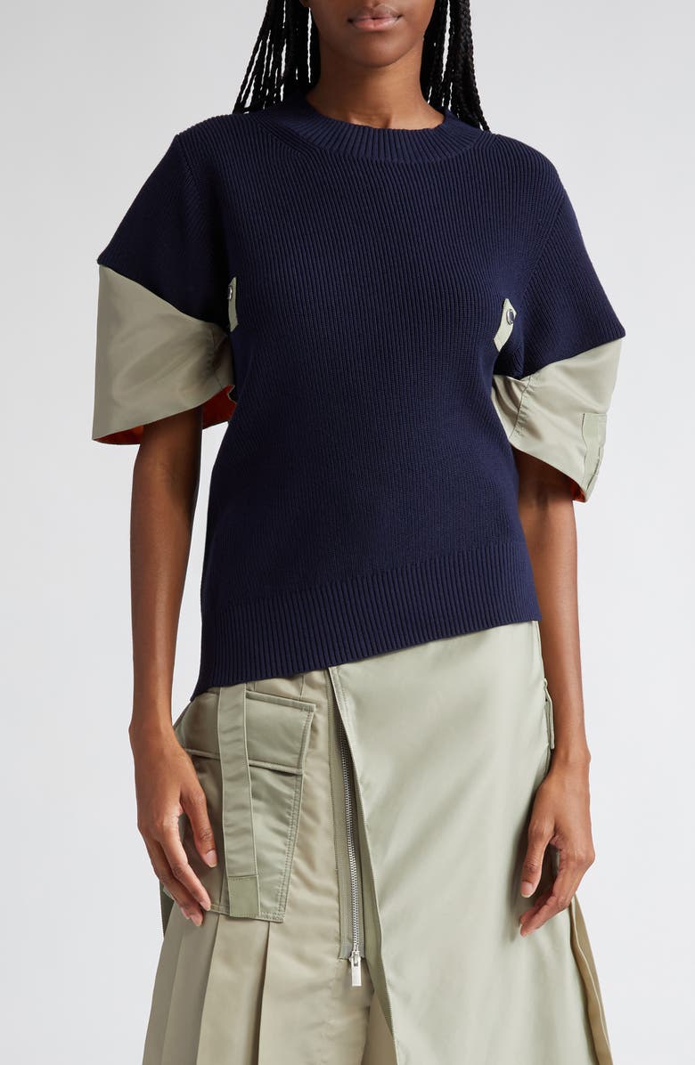 Sacai Mixed Media Asymmetric Cotton Blend Sweater, Main, color,