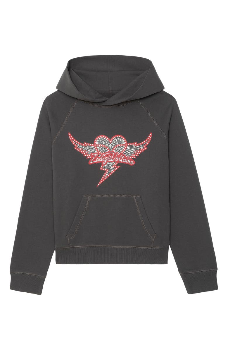 Zadig & Voltaire Georgy Heart Wings Strass Crystal Embellished Cotton Graphic Hoodie, Alternate, color, Carbone