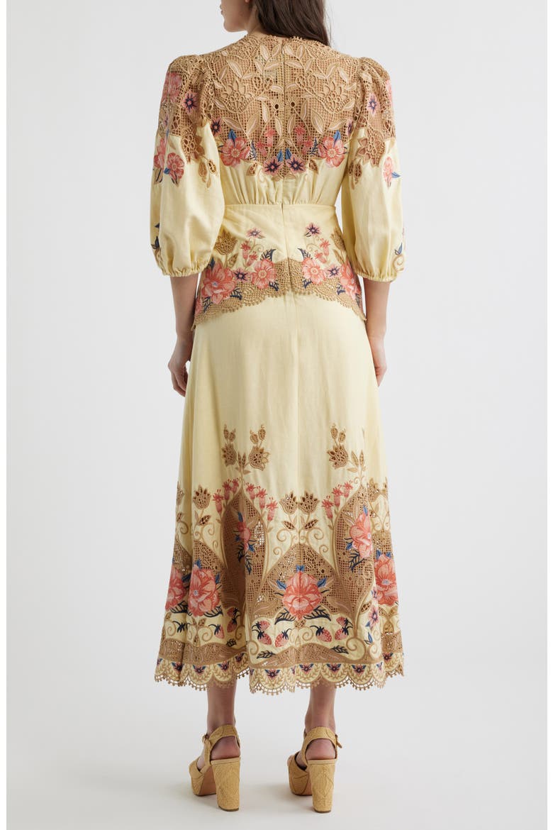 Embroidered Lace Linen Blend Midi Dress, Alternate, color, SAND