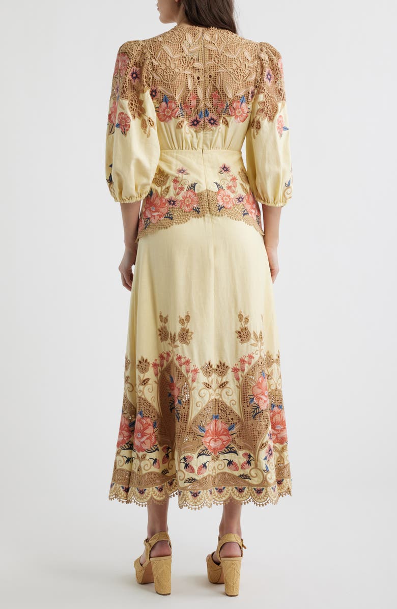 FARM Rio Embroidered Lace Linen Blend Midi Dress, Alternate, color, Sand