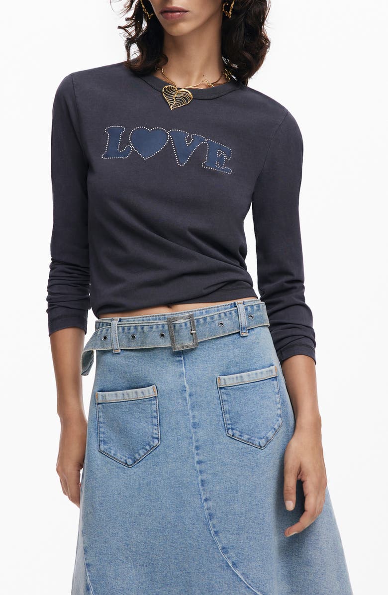 Desigual Carla Rhinestone Embellished Long Sleeve Cotton Graphic T-Shirt, Main, color, 