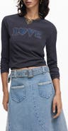 Desigual Carla Rhinestone Embellished Long Sleeve Cotton Graphic T-Shirt