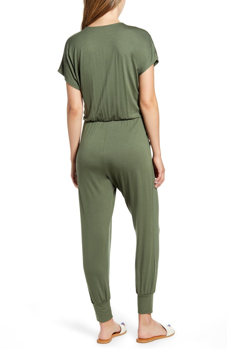 Loveappella Short Sleeve Wrap Top Jumpsuit, Alternate, color, Olive