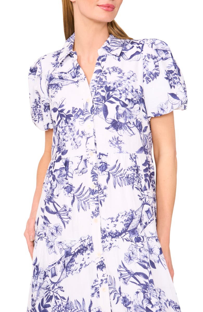 CeCe Floral Tiered Cotton Midi Shirtdress, Alternate, color, Ultra White