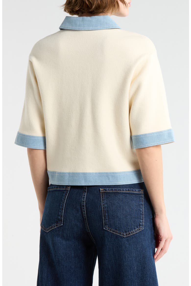 Denim Trim Short Sleeve Cardigan, Alternate, color, ECRU/ LIGHT DENIM