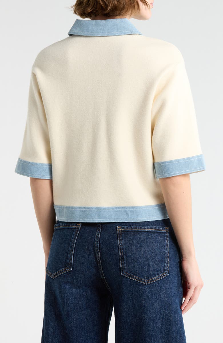 Nanette Lepore Denim Trim Short Sleeve Cardigan, Alternate, color, Ecru/ Light Denim