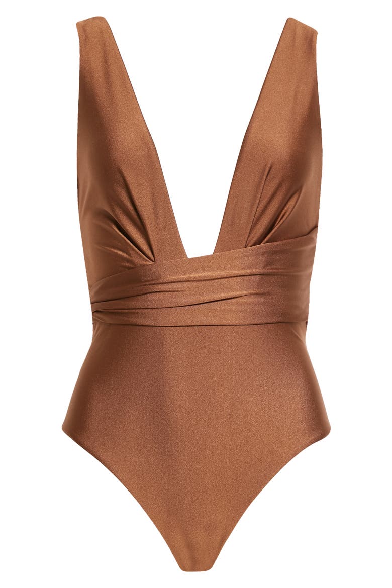 Raie Plunge Neck One-Piece Swimsuit, Alternate, color, TAN