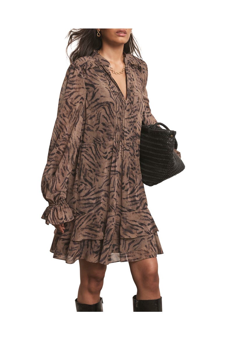 Long Sleeve Printed Ruffle Mini Dress, Main, color, Brown
