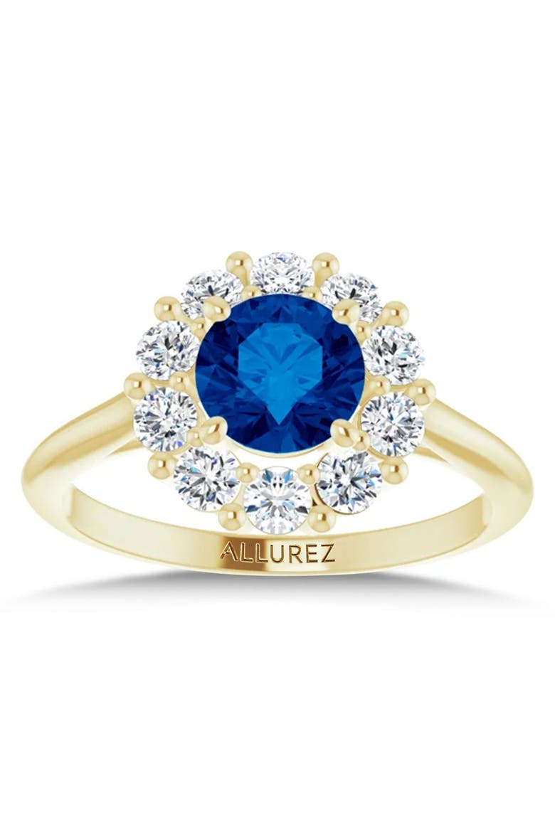 Round Lab Blue Sapphire & Diamond Halo Ring 14K, Alternate, color, 1.71ct/Yellow Gold