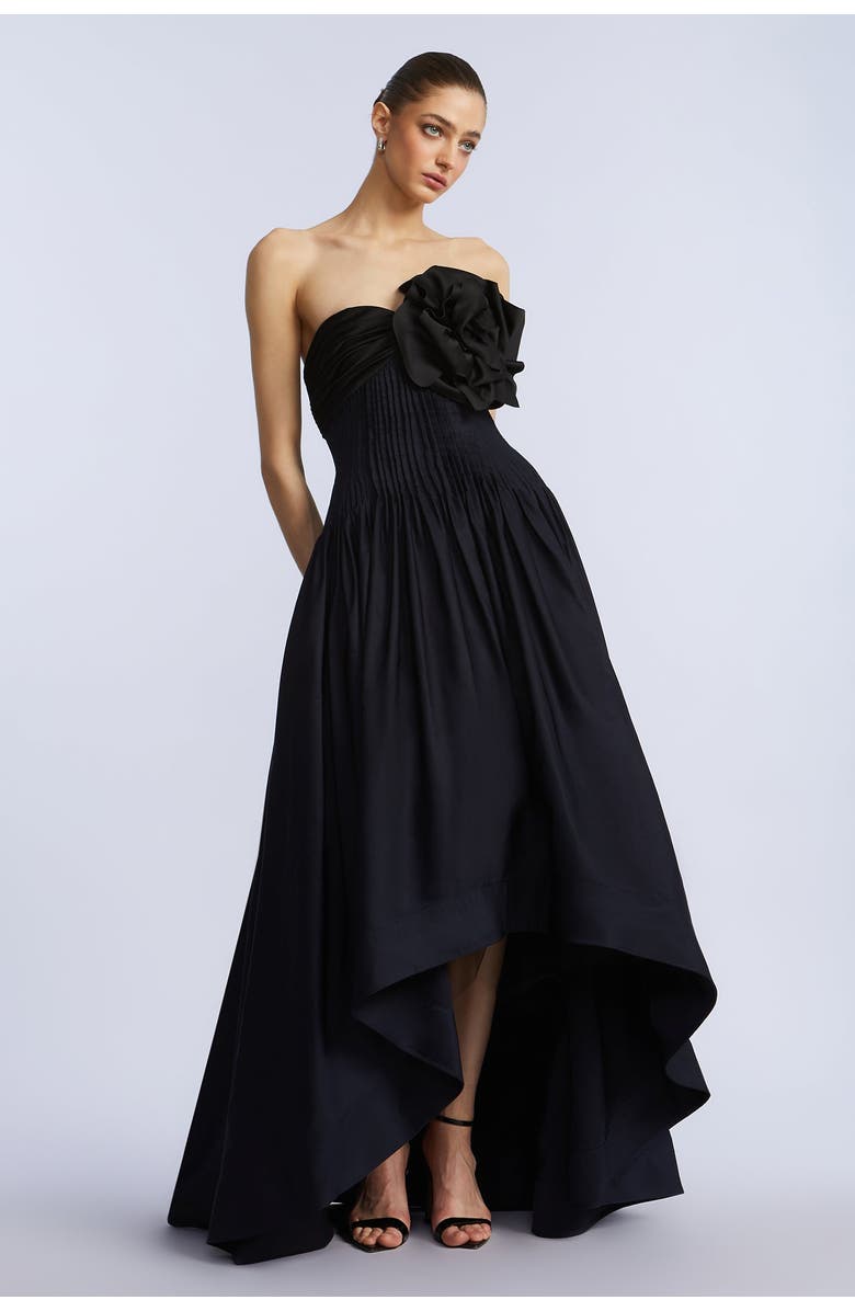 BCBGMAXAZRIA High Low Gown With Flower, Alternate, color, Black & Sky Captain Combo