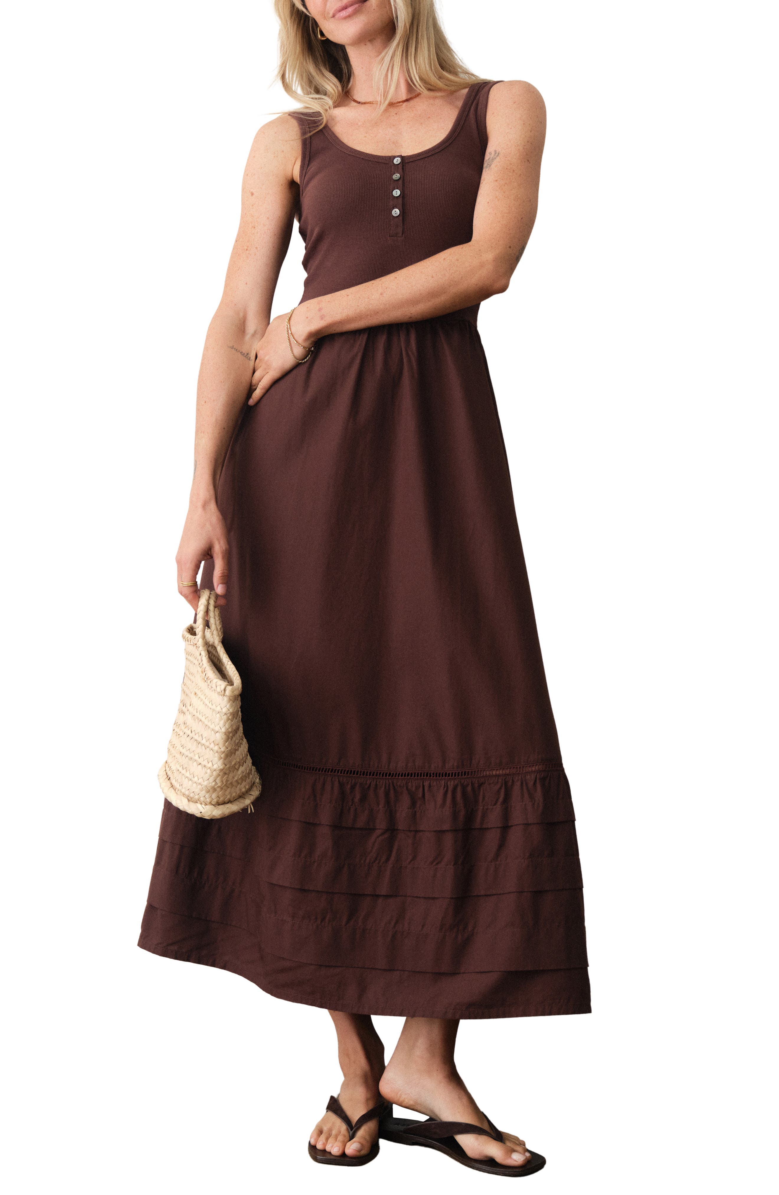 Marine Layer Lexi Rib & Poplin Sleeveless Midi Dress In Brown