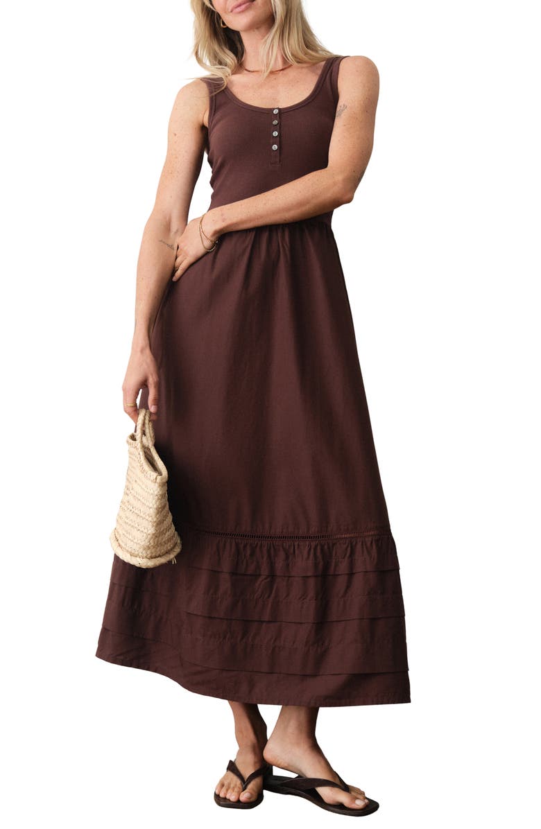 Marine Layer Lexi Rib & Poplin Sleeveless Midi Dress, Main, color, Chocolate