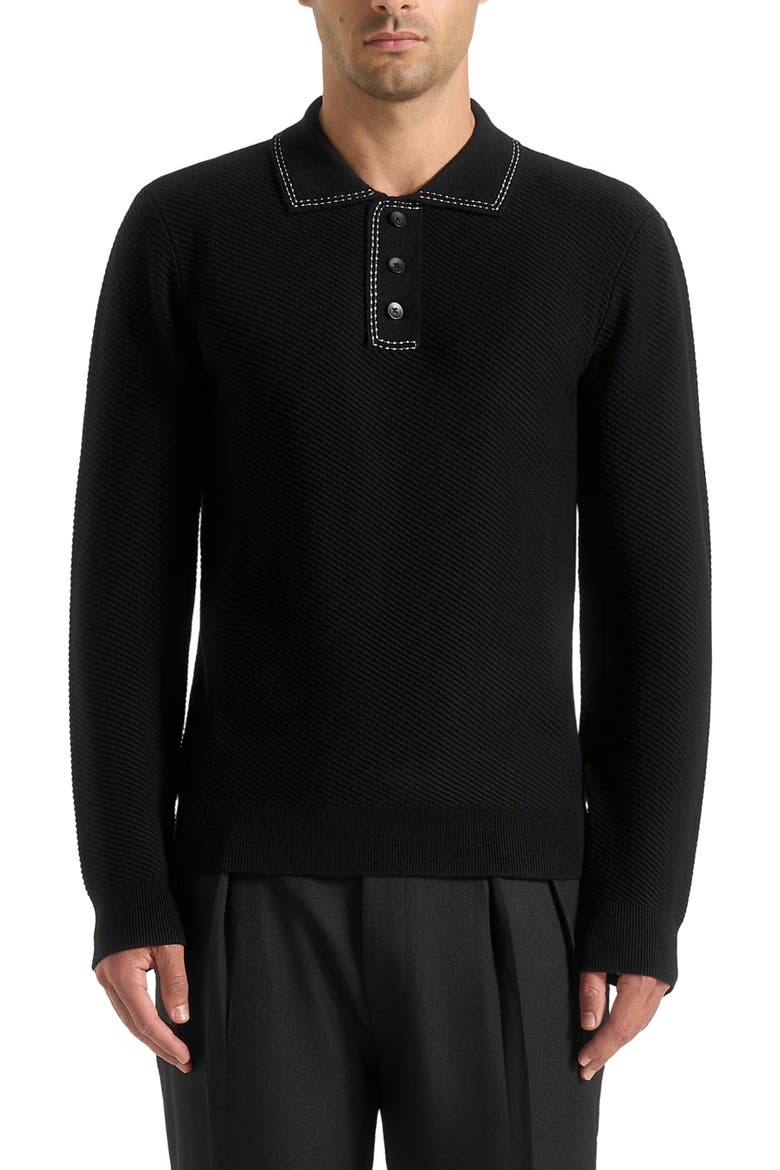 Aymeric Whipstitch Detail Long Sleeve Knit Polo Shirt, Alternate, color, Black
