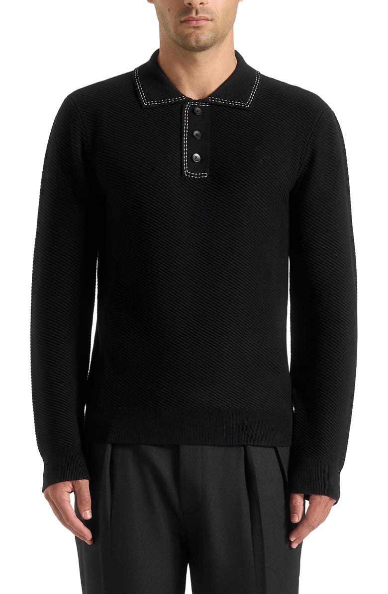 Manière De Voir Aymeric Whipstitch Detail Long Sleeve Knit Polo Shirt, Alternate, color, Black