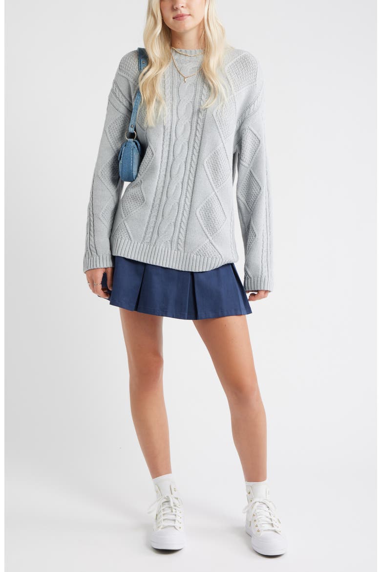 Cabled Oversize Cotton Blend Crewneck Sweater, Alternate, color, GREY SOFT HEATHER