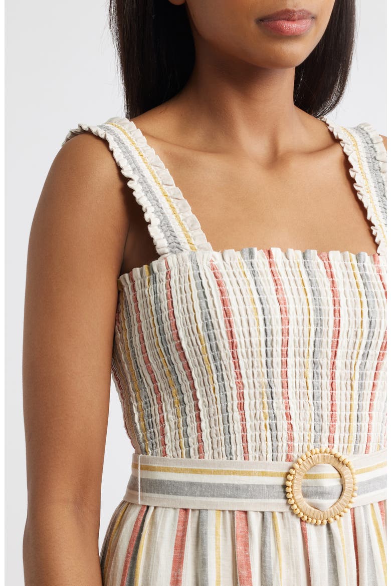Smocked Bodice Belted Tiered Midi Sundress, Alternate, color, EGRET MULTI