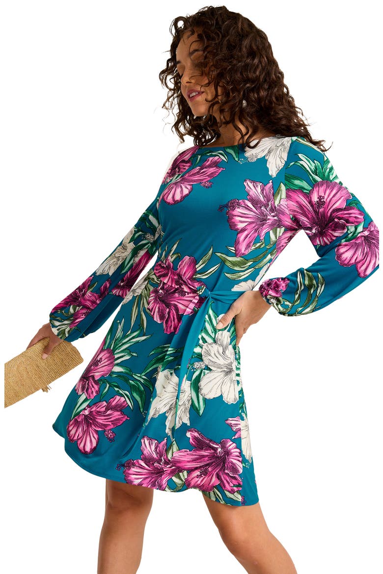 Villa Garden Wrinkle Resistant Tie Belt Long Sleeve Dress, Alternate, color, ACADEMY