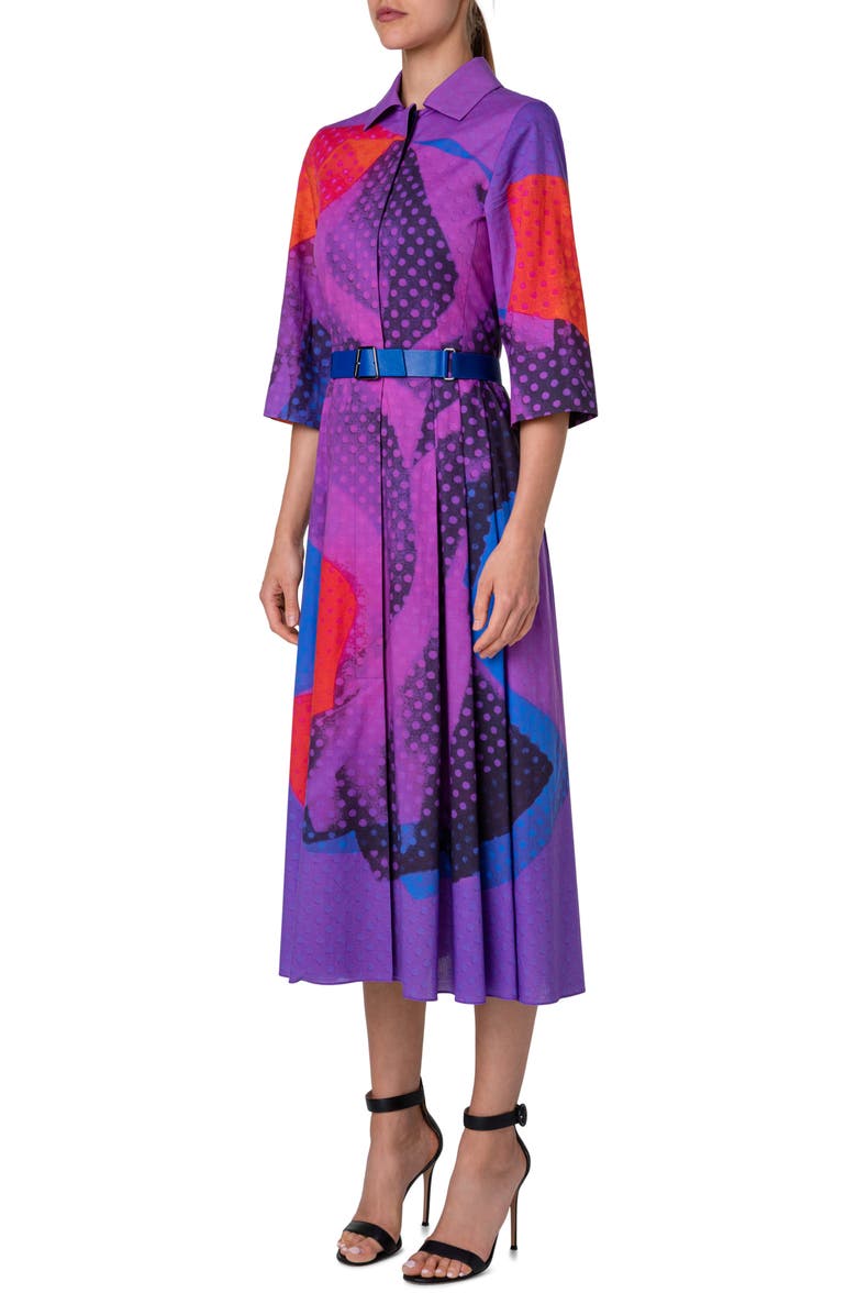 Akris Print Belted Wool & Silk Midi Shirtdress, Alternate, color, 