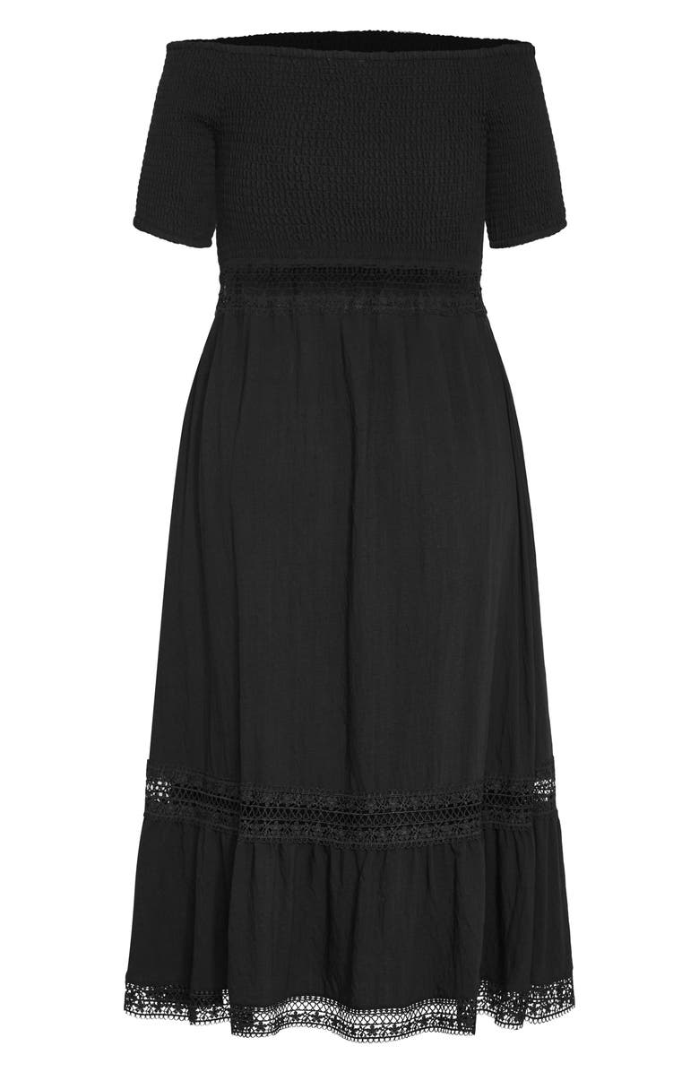 City Chic Aura Smocked Off-the-Shoulder Midi Dress, Alternate, color, Black