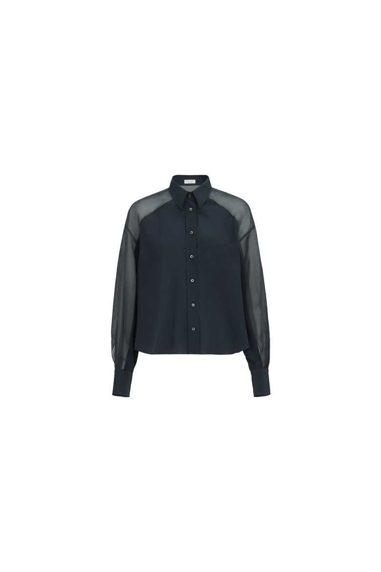 Silk crêpe de Chine paneled shirt with monili, Alternate, color, Blue
