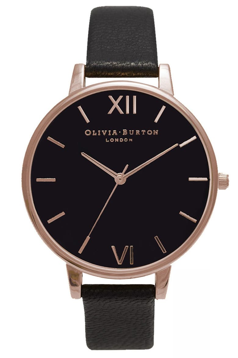 Big Dial Leather Strap Watch, 38mm, Main, color, BLACK/ BLACK/ ROSE GOLD