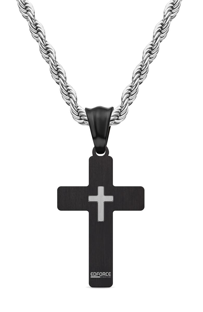EDFORCE Men's Double Cross Pendant Necklace, Alternate, color, Silver/ Black