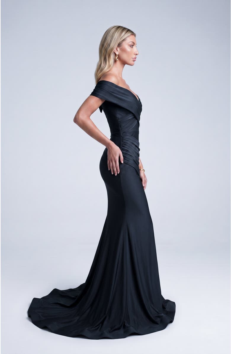 Jessica Angel Off The Shoulder Ruched Mermaid Evening Gown, Alternate, color, Black