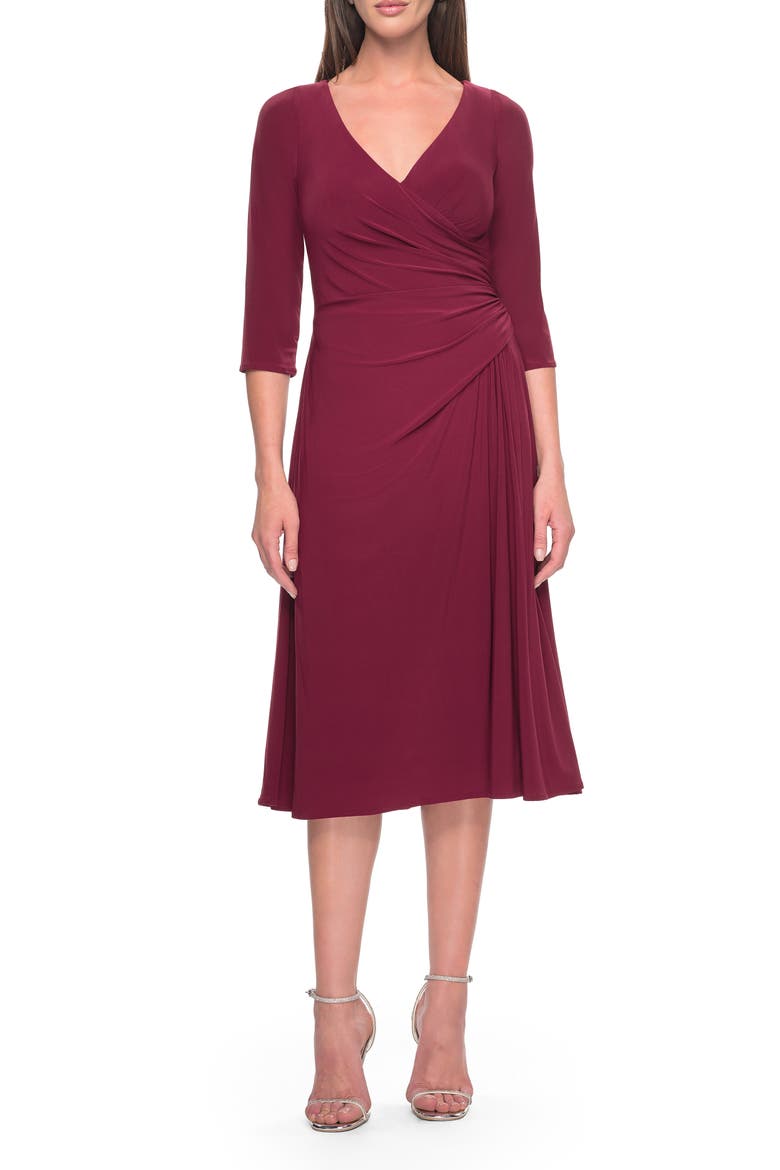 Chic Tea Length Jersey Dress with Ruching, Main, color, Wine