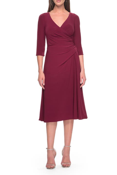 Chic Tea Length Jersey Dress with Ruching