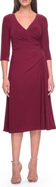 La Femme Chic Tea Length Jersey Dress with Ruching