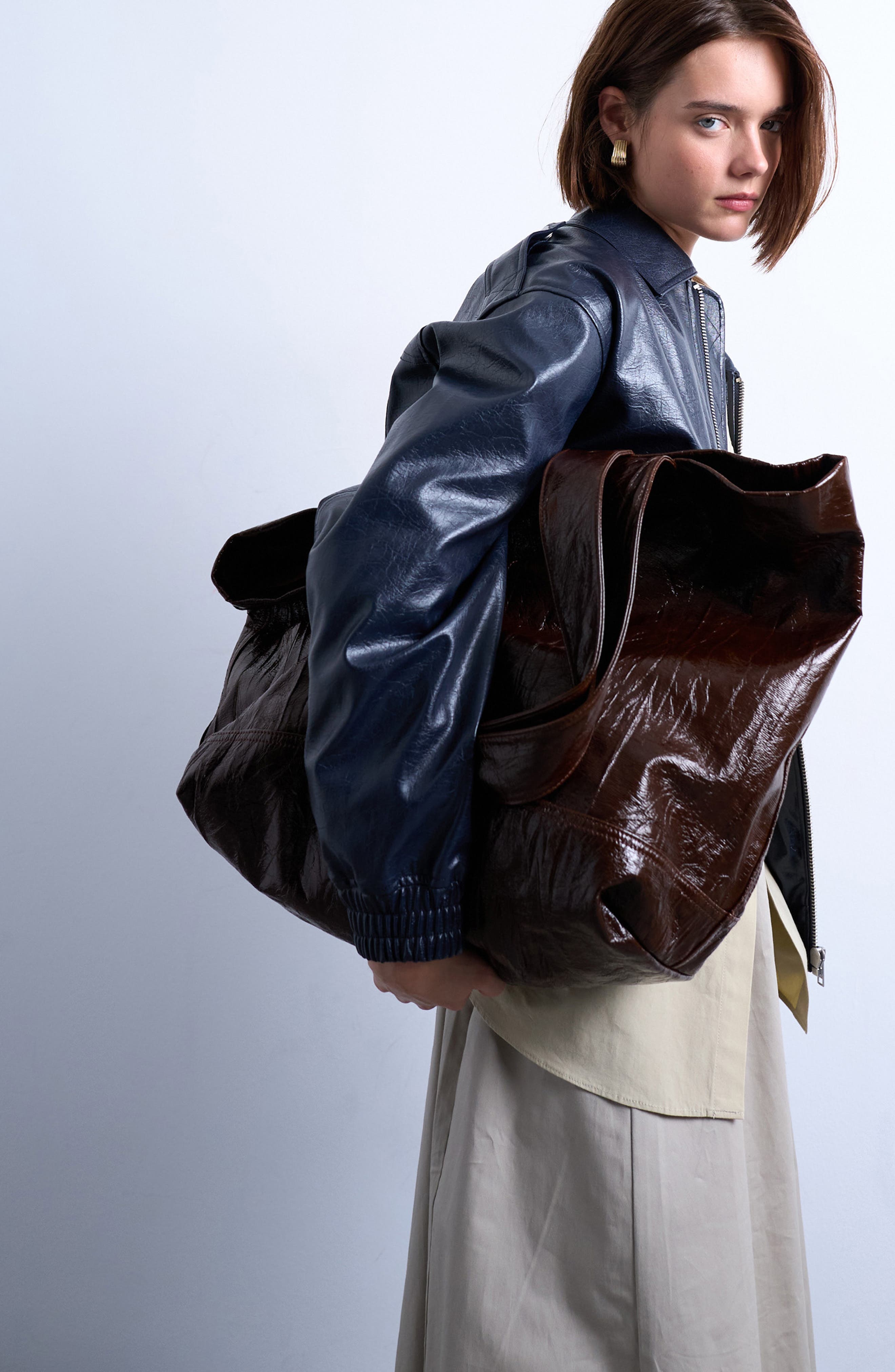 Topshop Crinkle Faux Leather Tote, Main, color, Brown