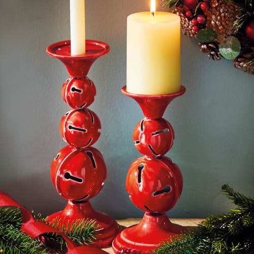 Tag Jingle Bell Red Enamel Candle Holders Set Of Two Christmas In Red