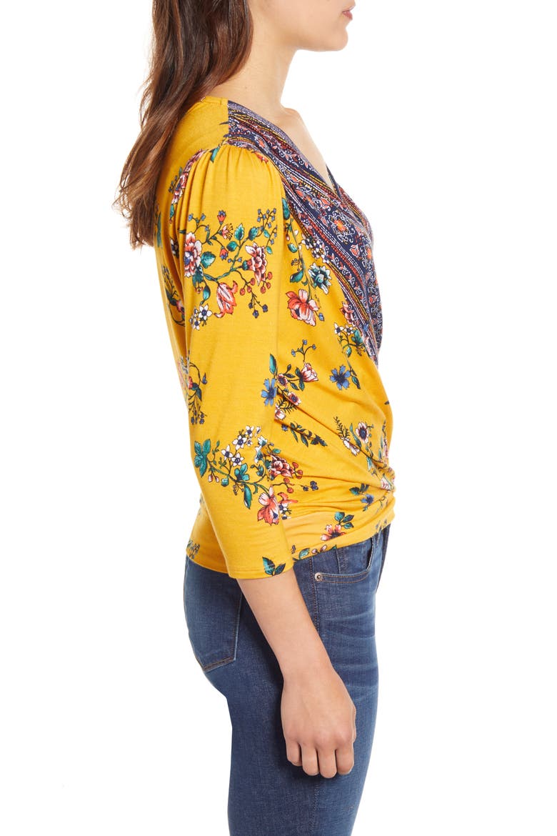 Faux Wrap Border Top, Alternate, color, MUSTARD/ NAVY
