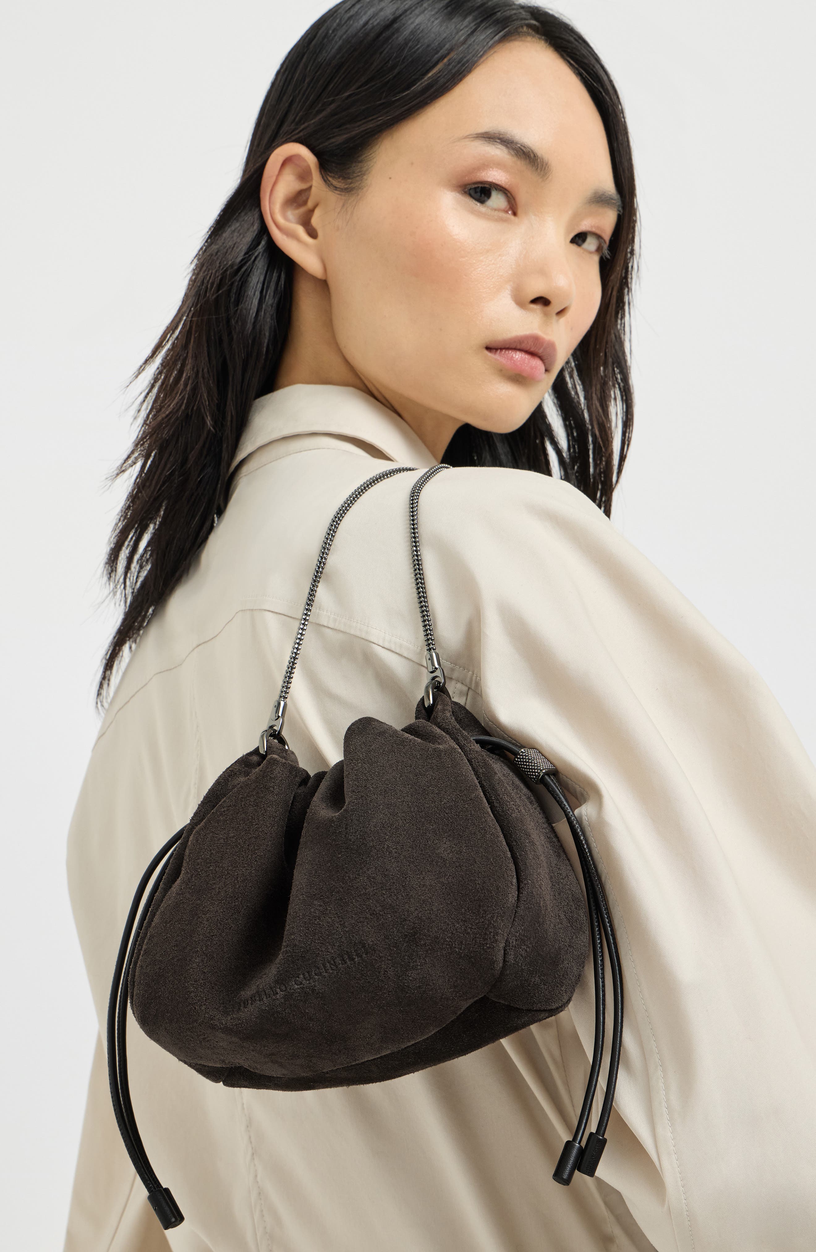 Mellow mini bucket bag in suede with precious chain, Alternate, color, Pepper