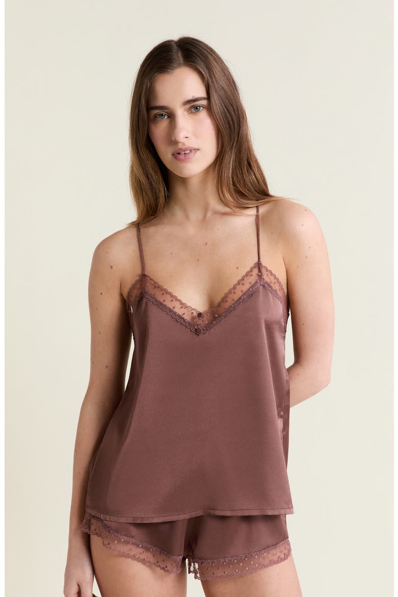 Plume Lace Trim Satin Camisole, Alternate, color, CHOCOLATE